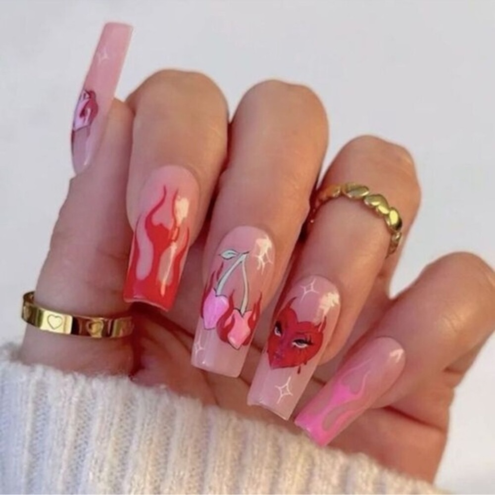 Valentine’s Day Pink Cherry Red Heart Flame 24 Piece Coffin Flame Tip Nails